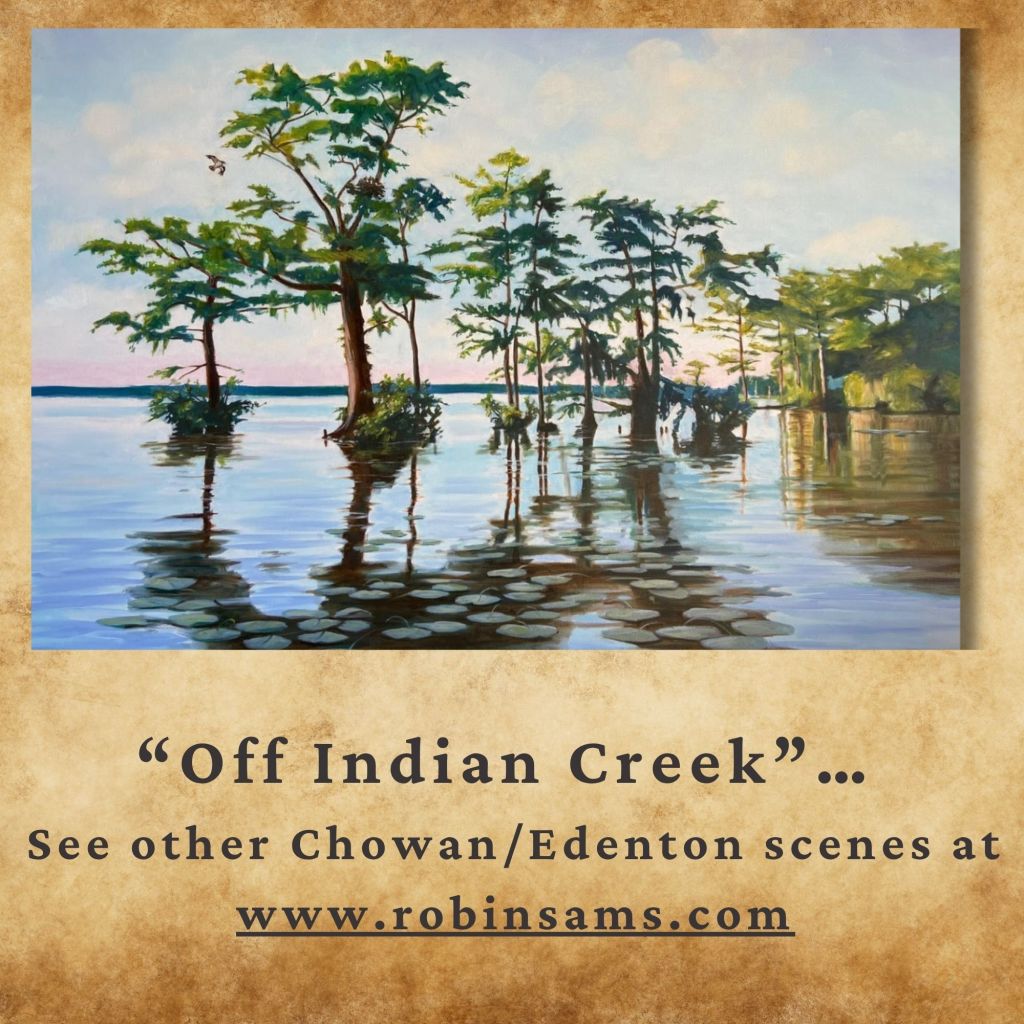 A serene landscape painting titled 'Off Indian Creek', featuring cypress trees reflected in calm waters, under a pastel sky.