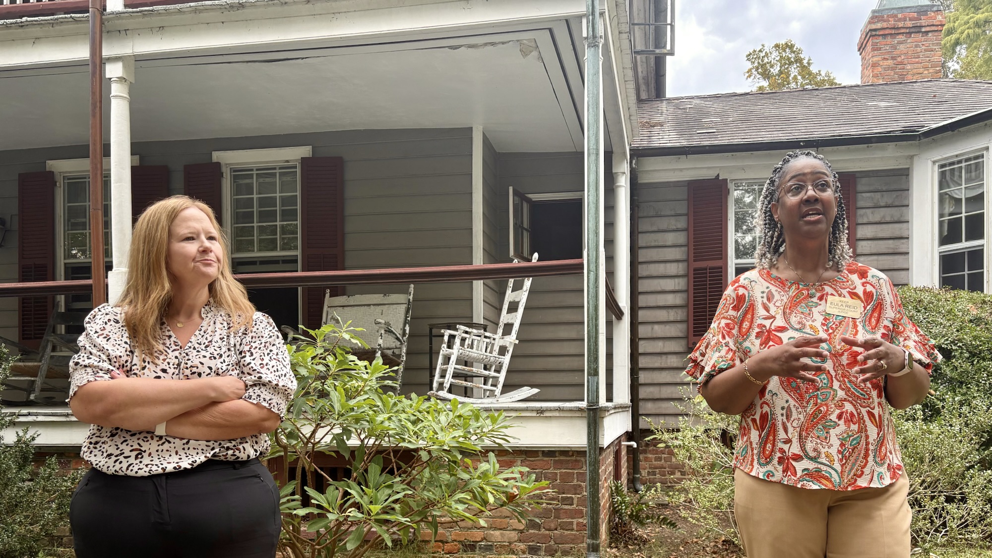 Jenny Wells (left) and Eula Reid talk about the issues at a recent event in Edenton.