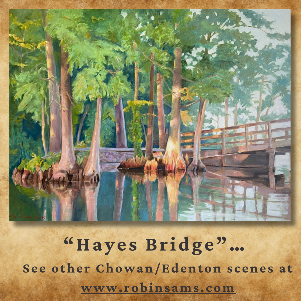 A serene landscape painting titled 'Hayes Bridge', depicting lush green trees reflected in calm water, with a wooden bridge in the background.