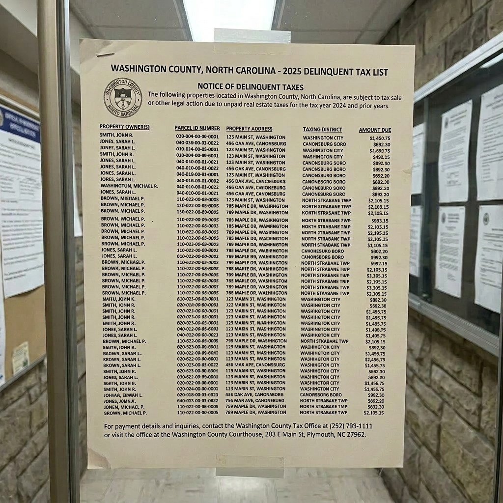 Washington County Pennsylvania 2024 delinquent tax list showing property owners, parcel IDs, addresses, taxing districts, and amounts due